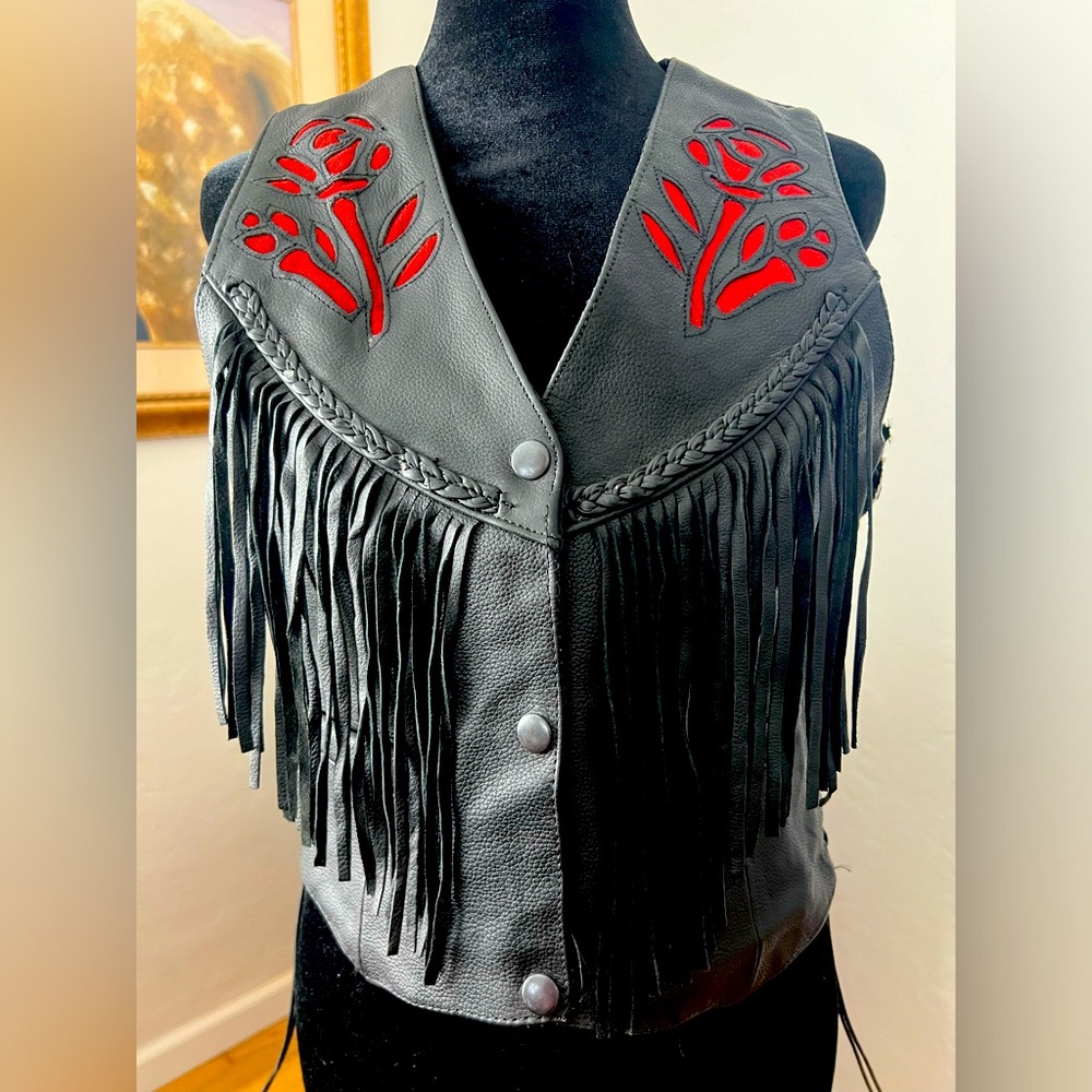 Women’s Rodeo Motorcycle Cowhide Leather Vest with Roses and Fringes